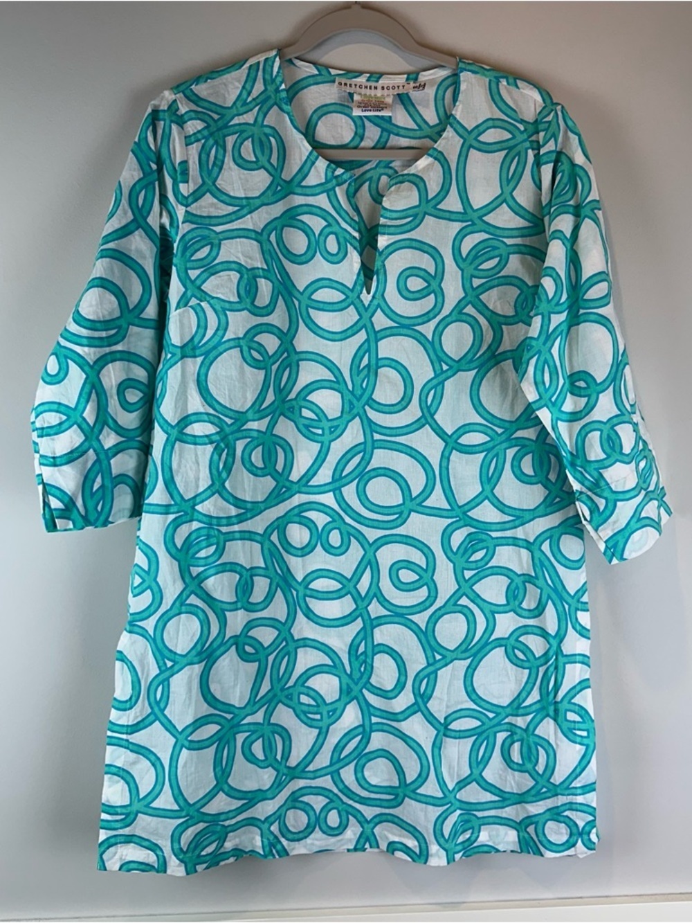 Gretchen Scott Blue White Spiral 100% Cotton Swim Swimsuit Coverup Dress Small